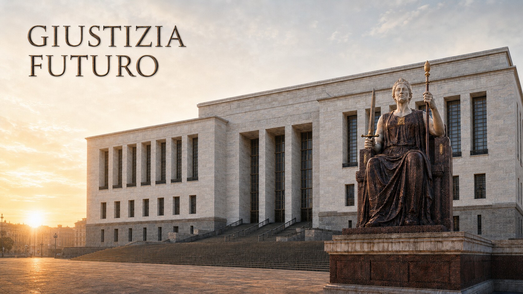 Palazzo di Giustizia di Milano al tramonto con la statua della Giustizia e la scritta Giustizia Futuro