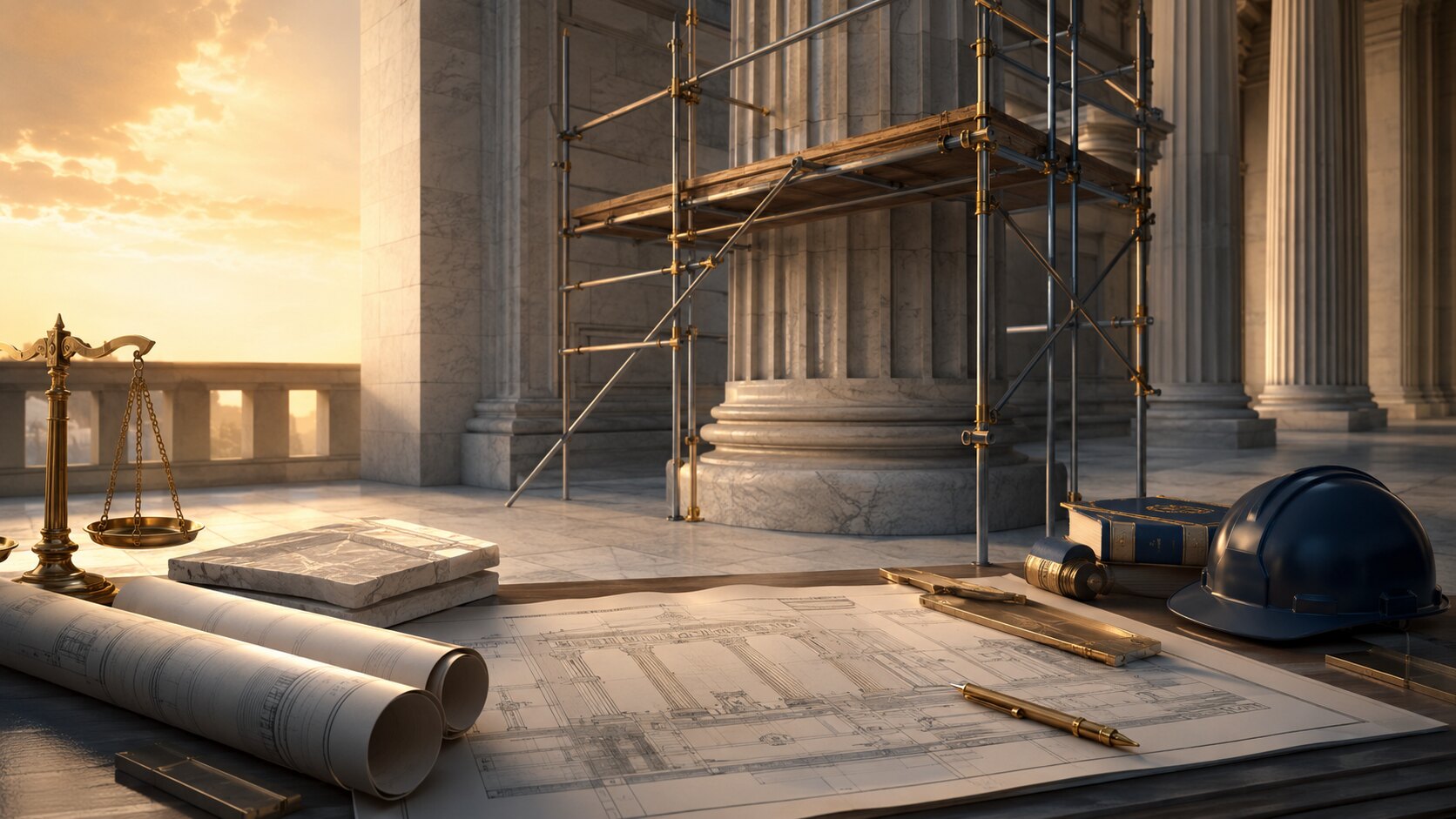 Colonne di un palazzo di giustizia con lavori in corso